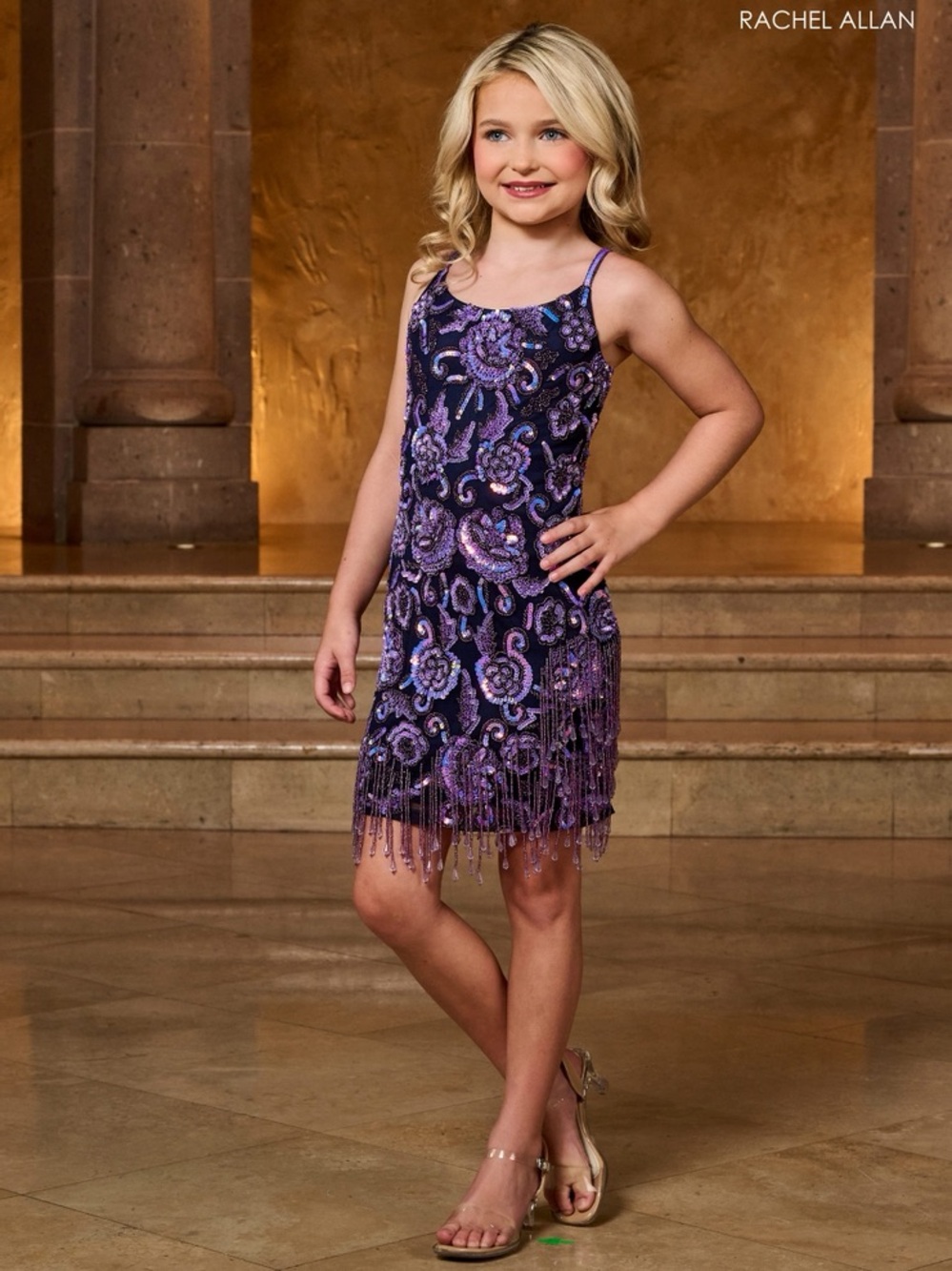 Rachel Allan Purple Sequin Beaded Fringe Dress